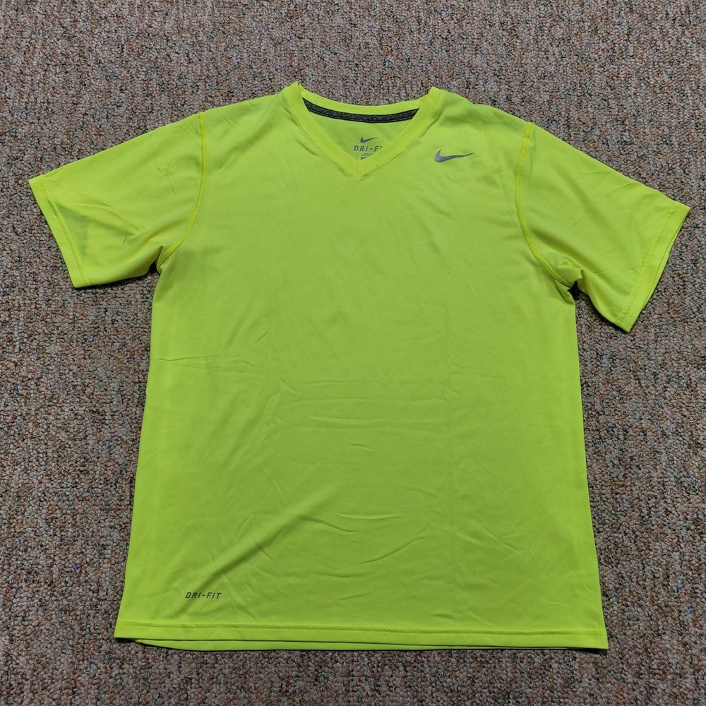 Nike Dri-FIT Shirt Mens Medium Volt Neon Yellow V-Neck Running Gym Athletic